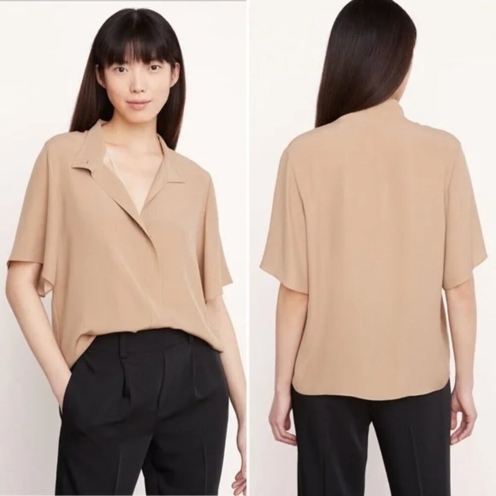 Vince Silk Blend Stand Collar Shirt blouse top tan neutral camel minimalist